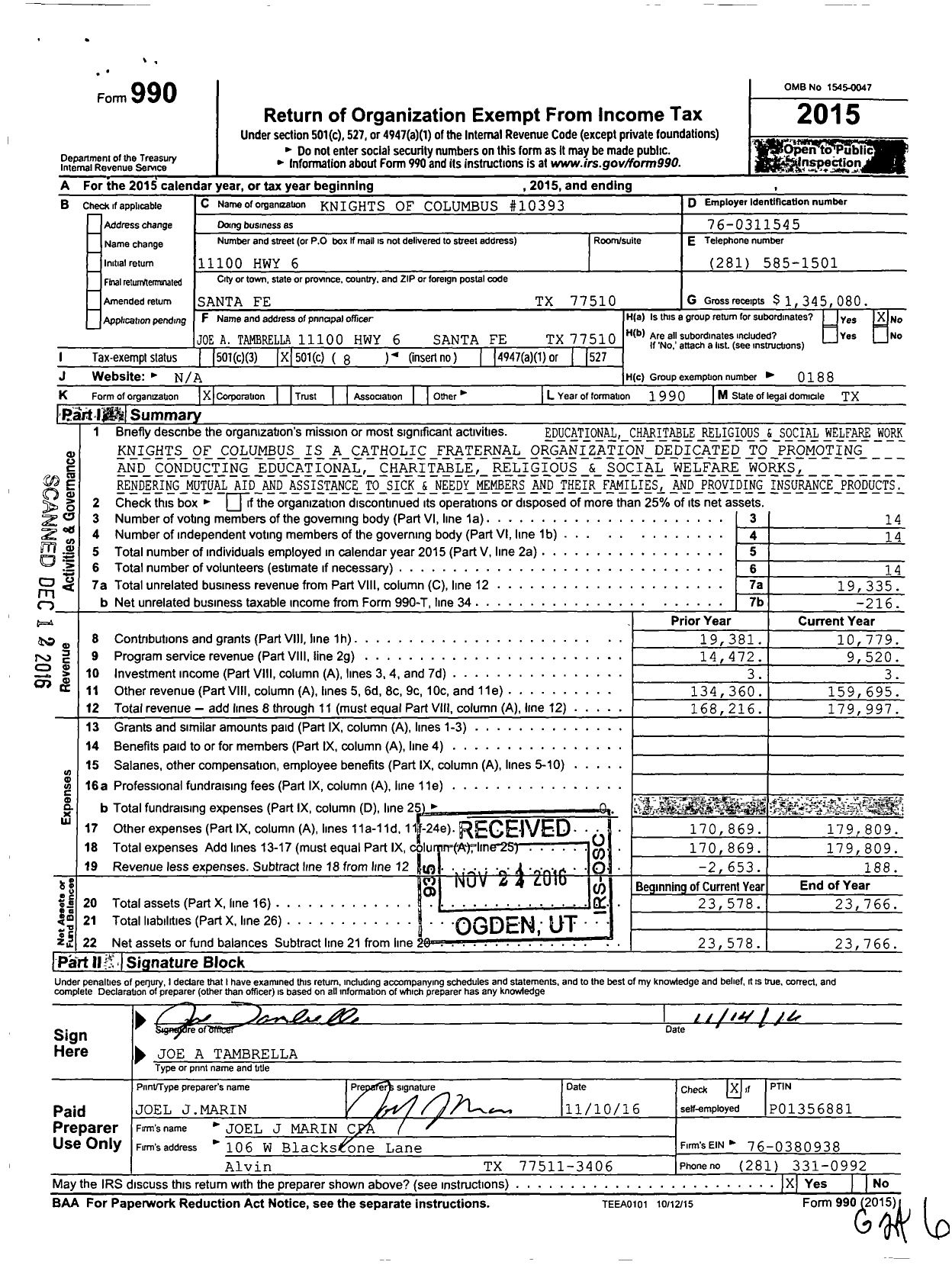 Image of first page of 2015 Form 990O for Knights of Columbus - 10393 Our Lady of Lourdes Council