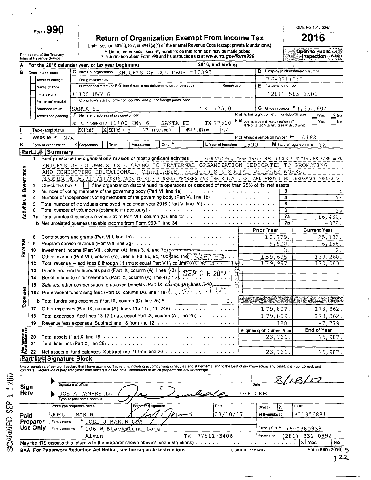 Image of first page of 2016 Form 990O for Knights of Columbus - 10393 Our Lady of Lourdes Council