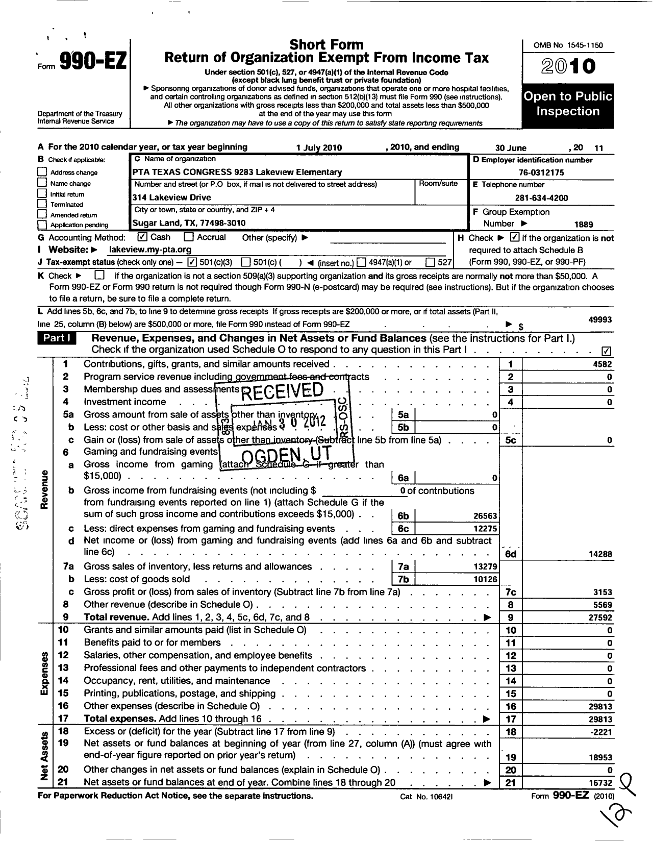 Image of first page of 2010 Form 990EZ for Texas PTA - 9283 Lakeview Elementary