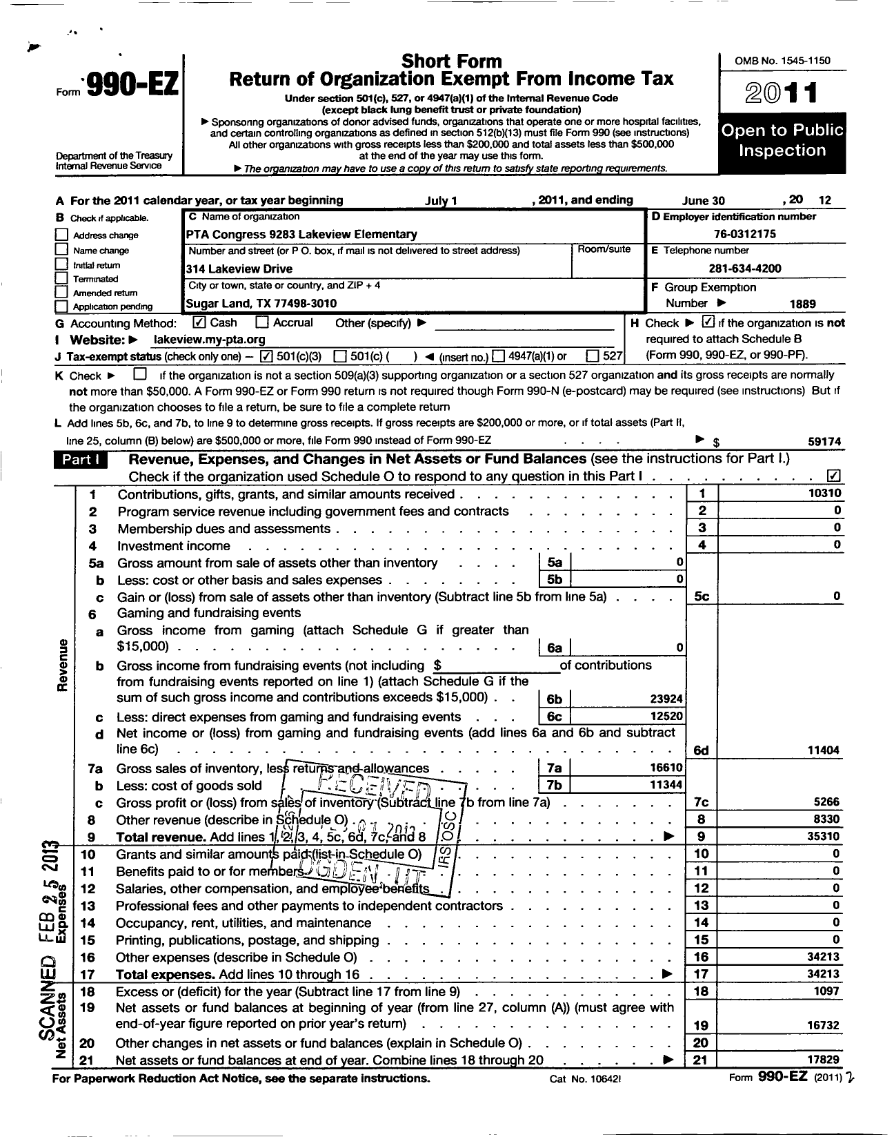 Image of first page of 2011 Form 990EZ for Texas PTA - 9283 Lakeview Elementary