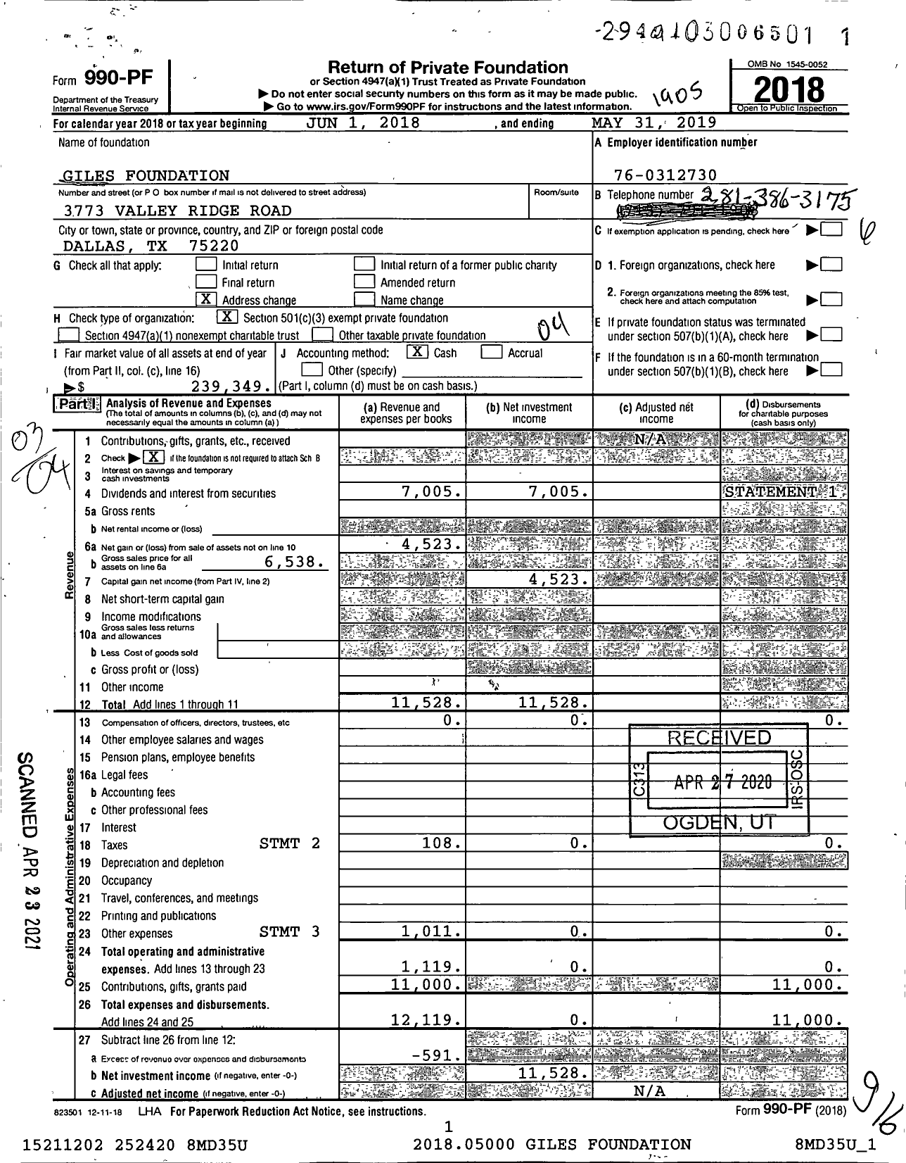 Image of first page of 2018 Form 990PF for Giles Foundation Giles Foundation