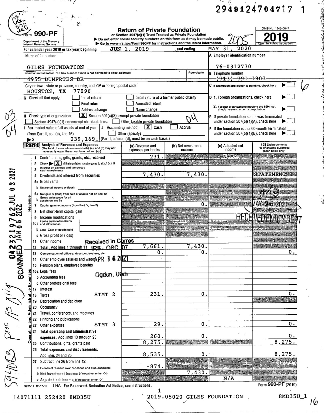 Image of first page of 2019 Form 990PF for Giles Foundation Giles Foundation