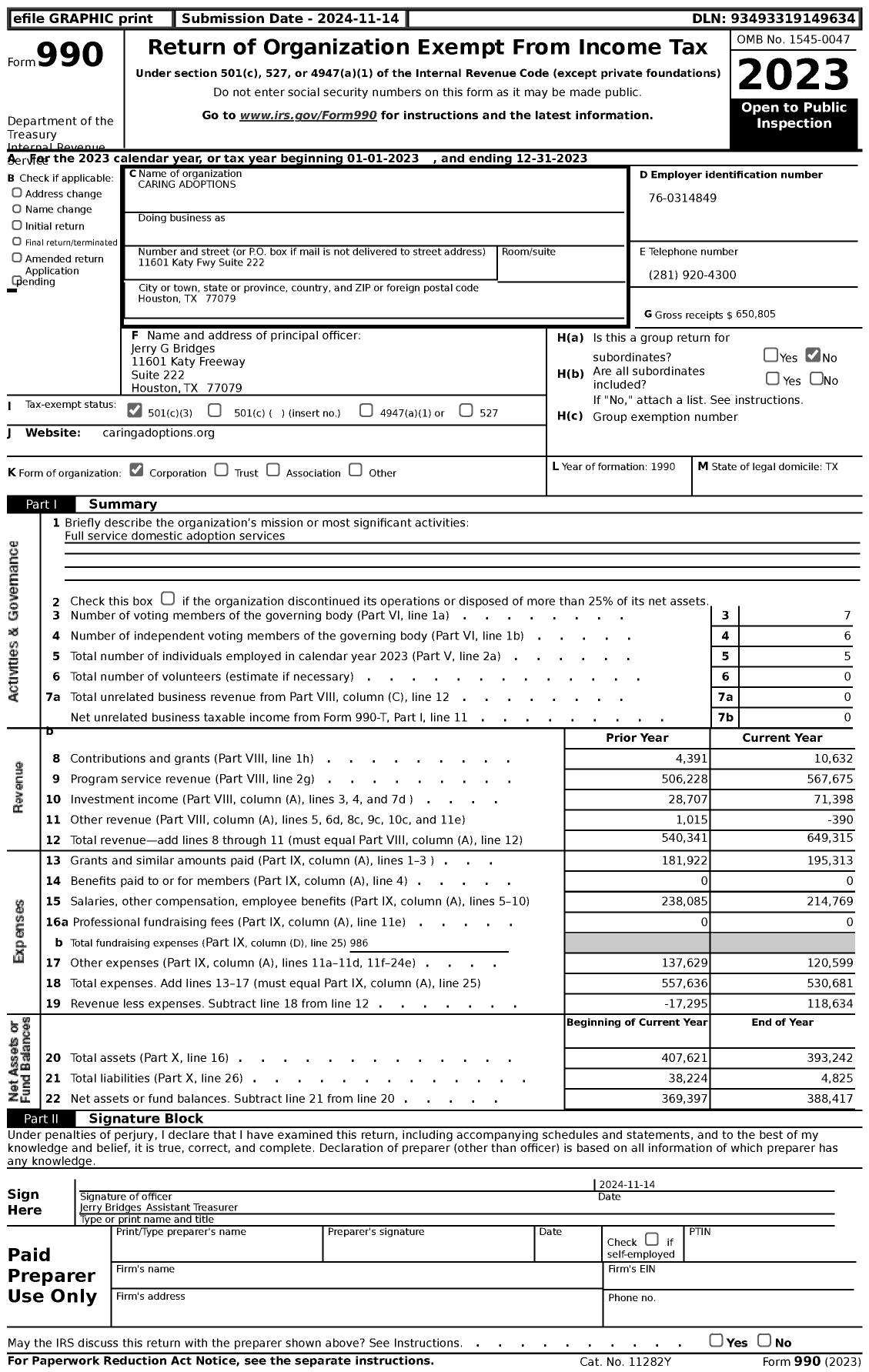 Image of first page of 2023 Form 990 for Caring Adoptions
