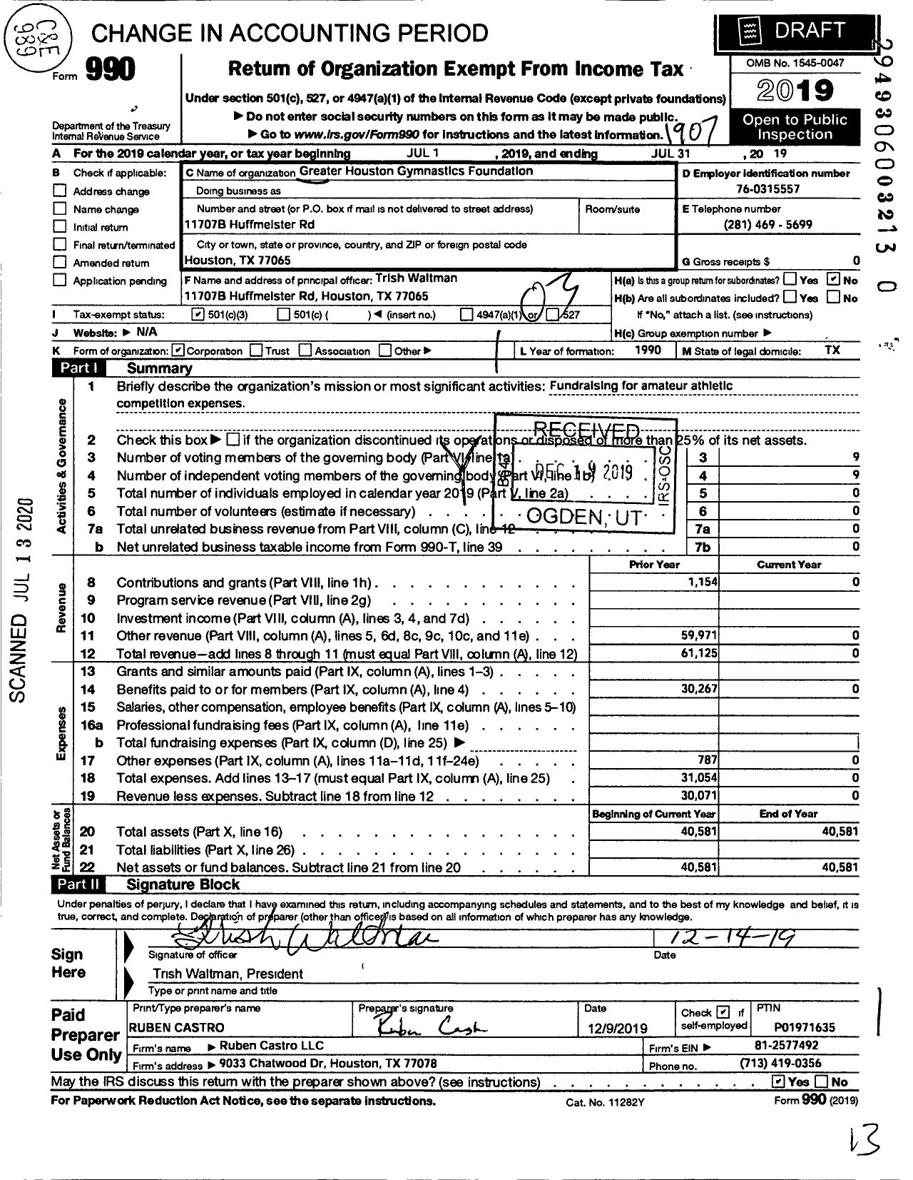 Image of first page of 2018 Form 990 for Greater Houston Gymnastics Foundation