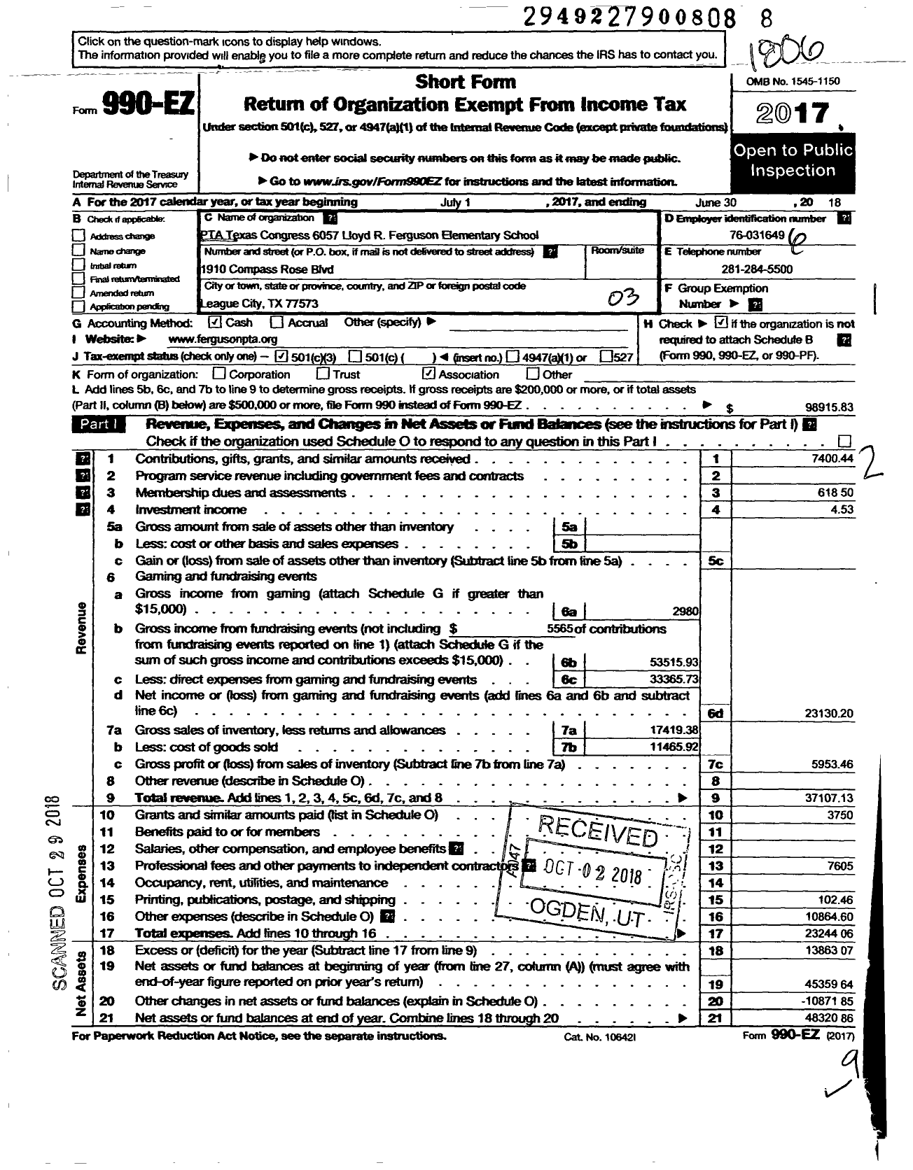 Image of first page of 2017 Form 990EZ for TEXAS PTA - 6057 Lloyd R Ferguson Elementary SC