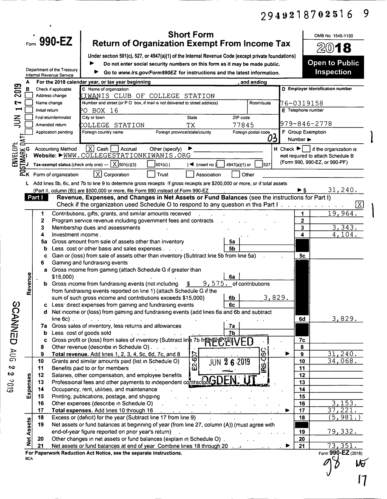 Image of first page of 2018 Form 990EZ for Kiwanis Club of College Station Foundation