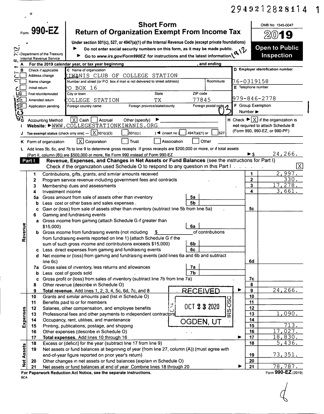 Image of first page of 2019 Form 990EZ for Kiwanis Club of College Station Foundation