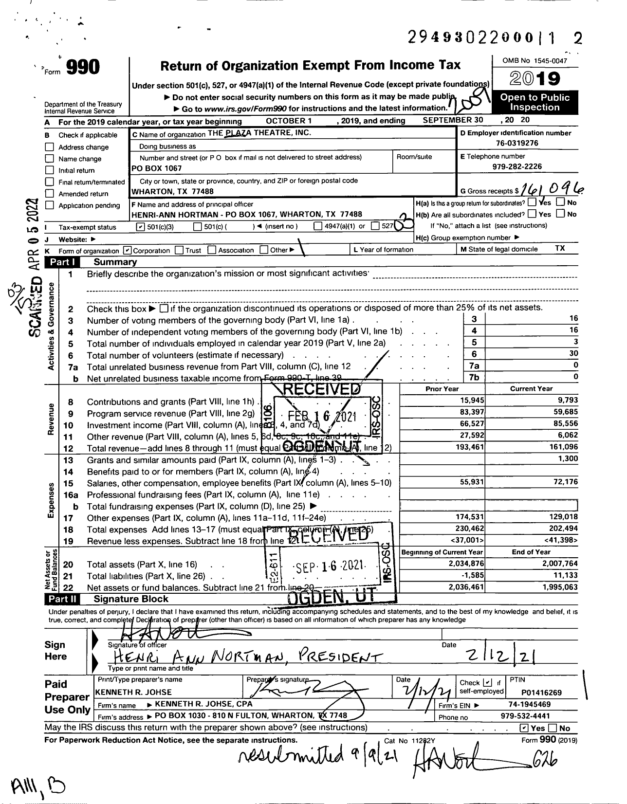Image of first page of 2019 Form 990 for Plaza Theatre