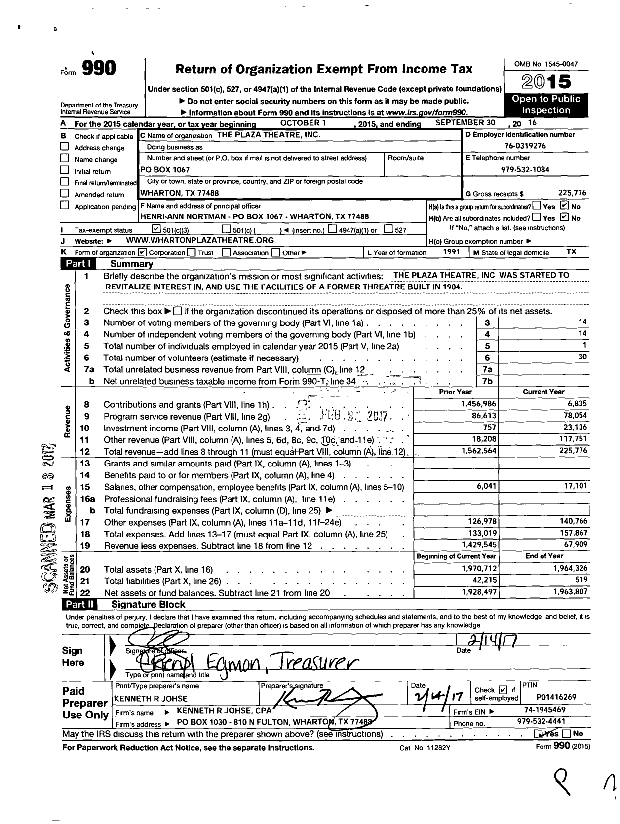 Image of first page of 2015 Form 990 for Plaza Theatre