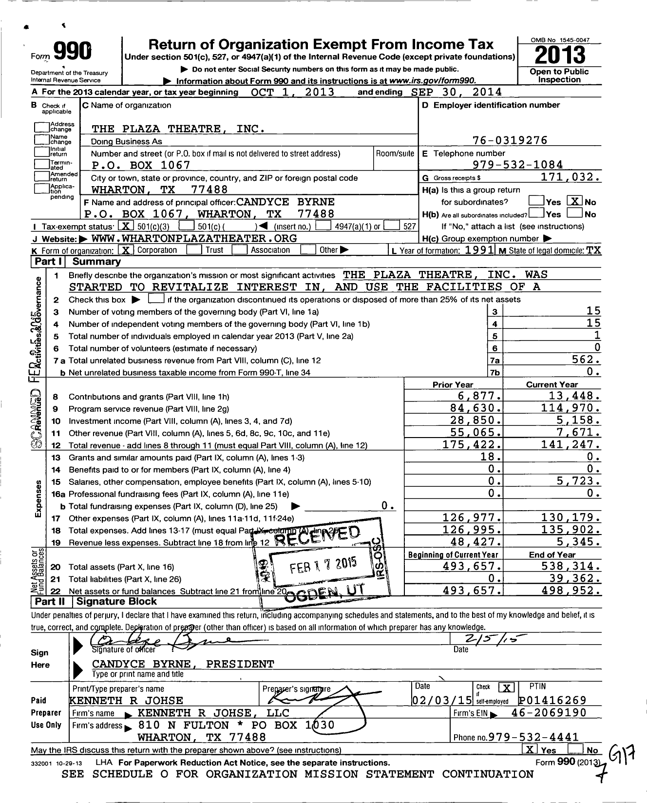 Image of first page of 2013 Form 990 for Plaza Theatre