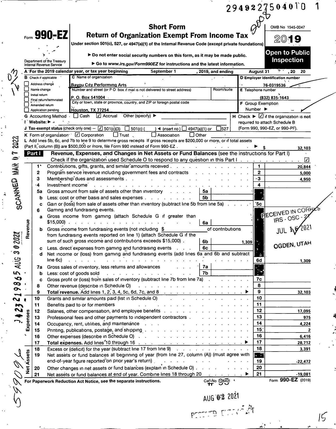 Image of first page of 2019 Form 990EZ for Pride Chorus Houston