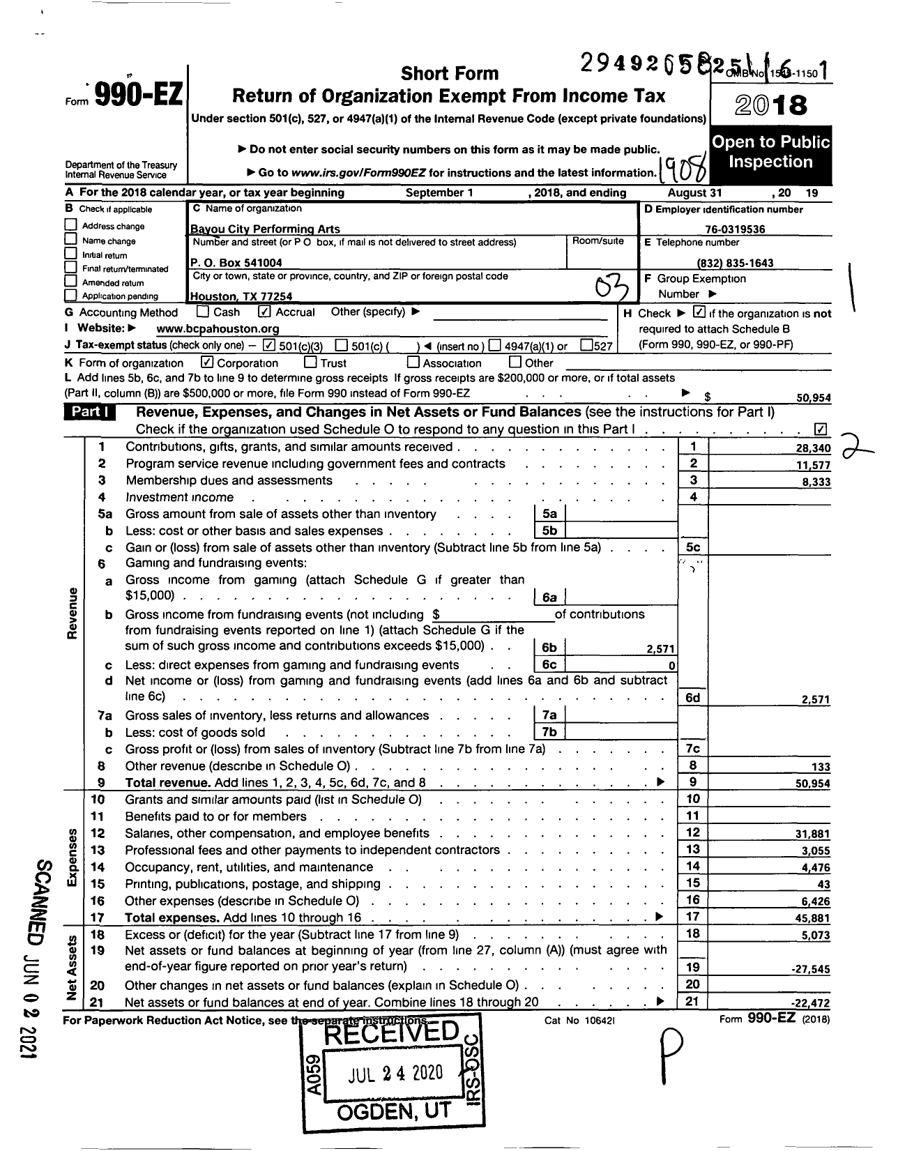 Image of first page of 2018 Form 990EZ for Pride Chorus Houston