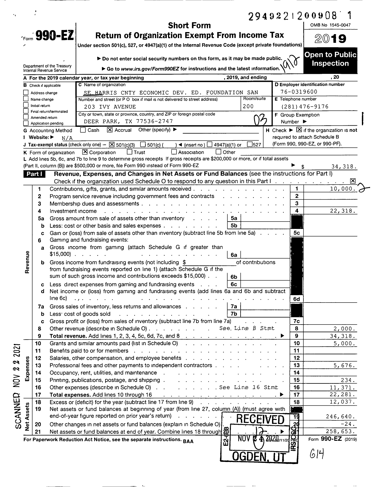 Image of first page of 2019 Form 990EZ for Se Harris County Economic Dev Ed Foundation San