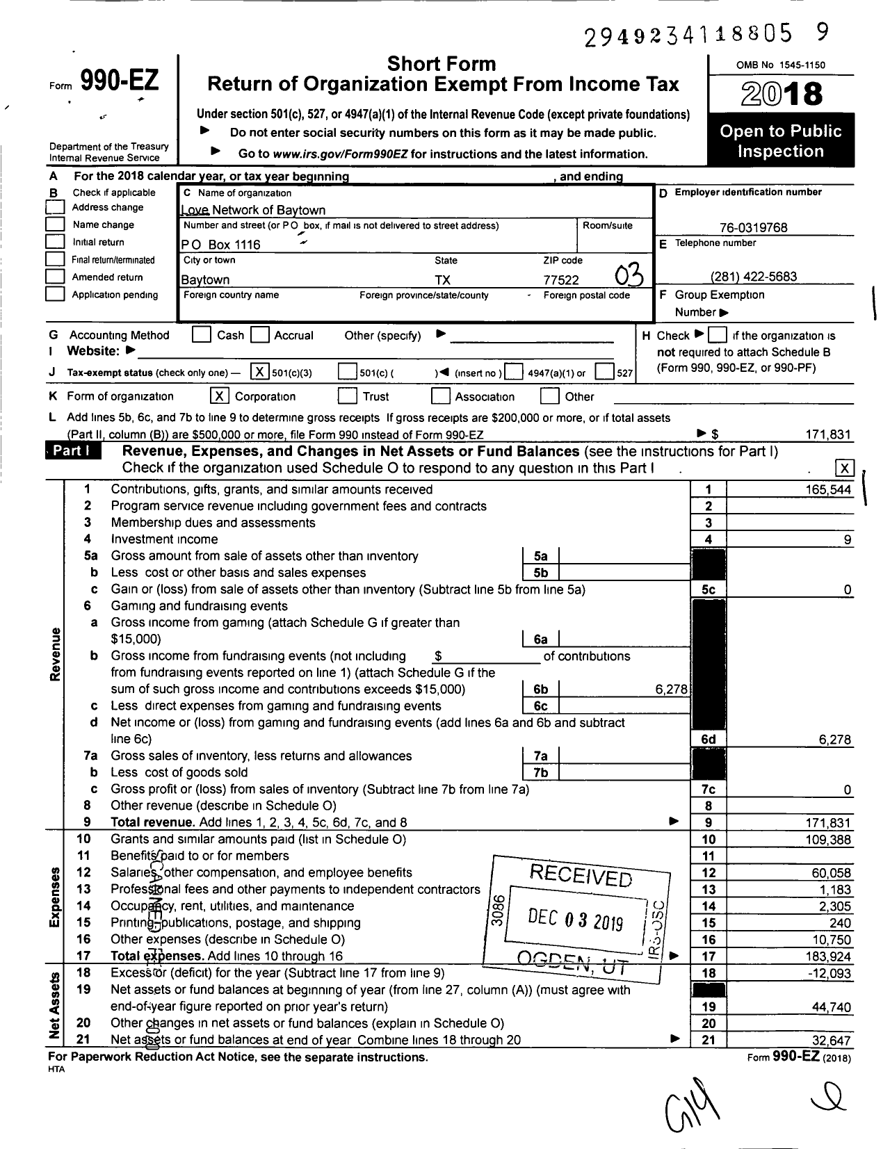 Image of first page of 2018 Form 990EZ for Love Network of Baytown