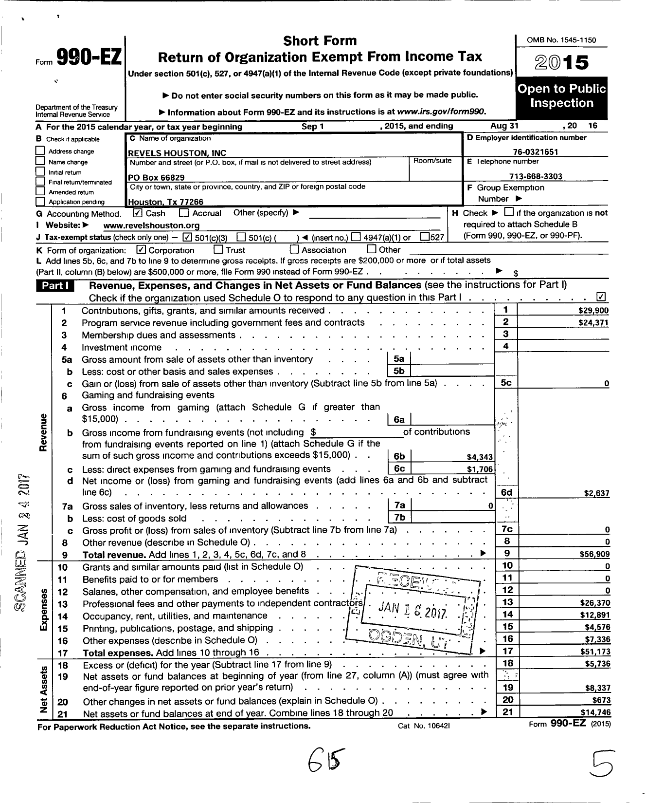 Image of first page of 2015 Form 990EZ for Revels Houston