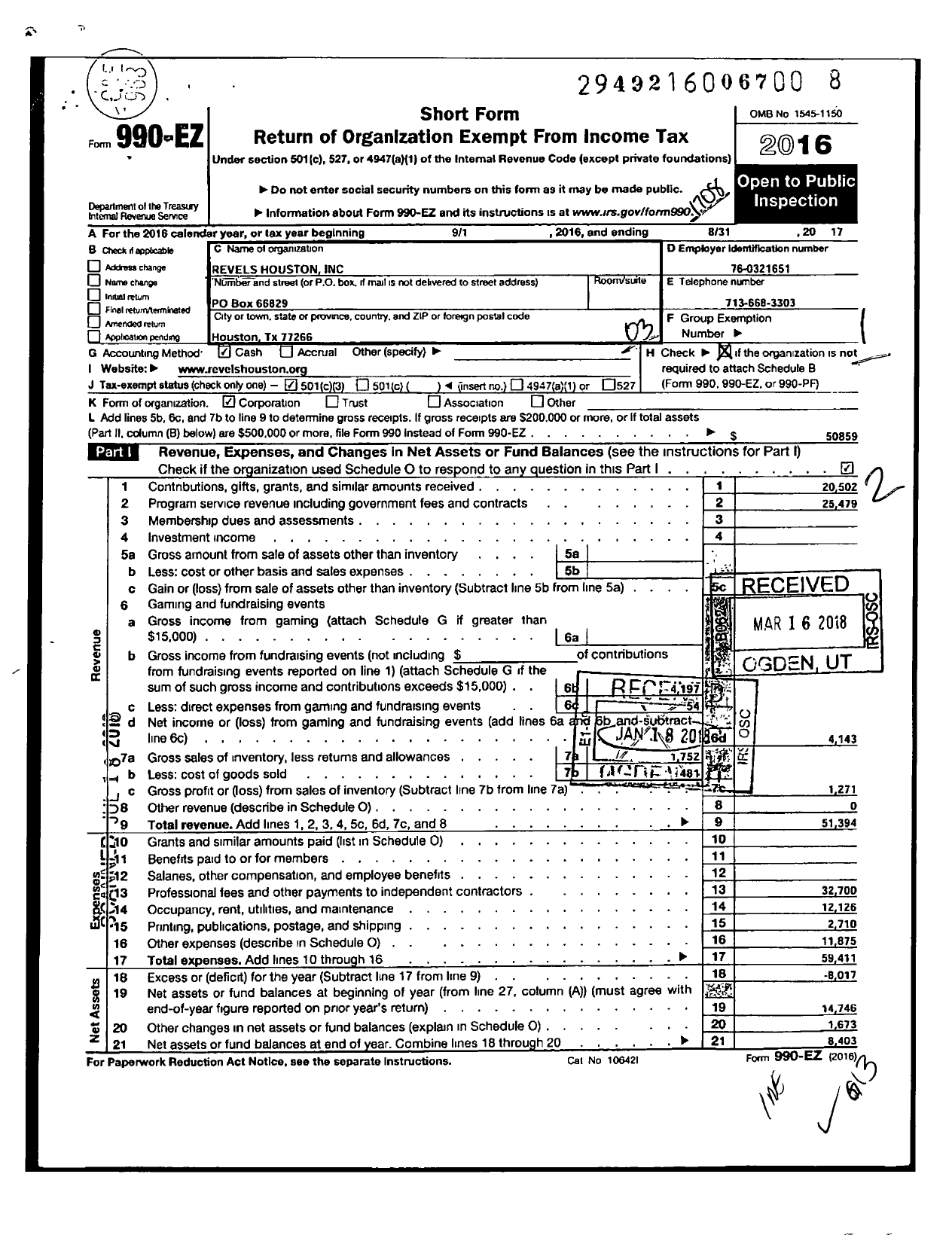 Image of first page of 2016 Form 990EZ for Revels Houston