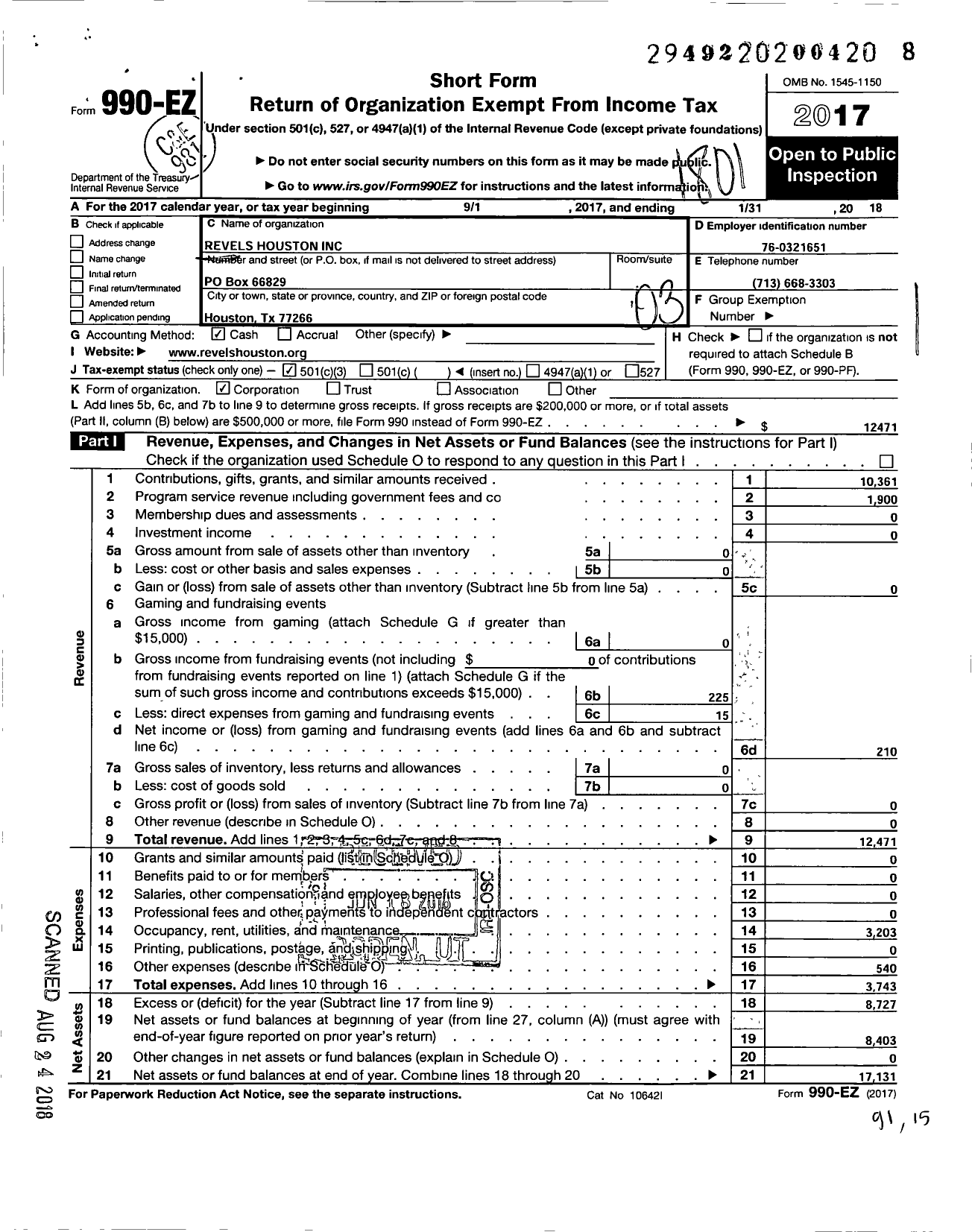 Image of first page of 2017 Form 990EZ for Revels Houston