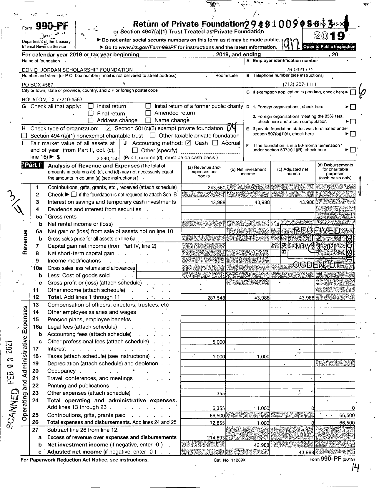 Image of first page of 2019 Form 990PF for Chairman's Scholarship Foundation