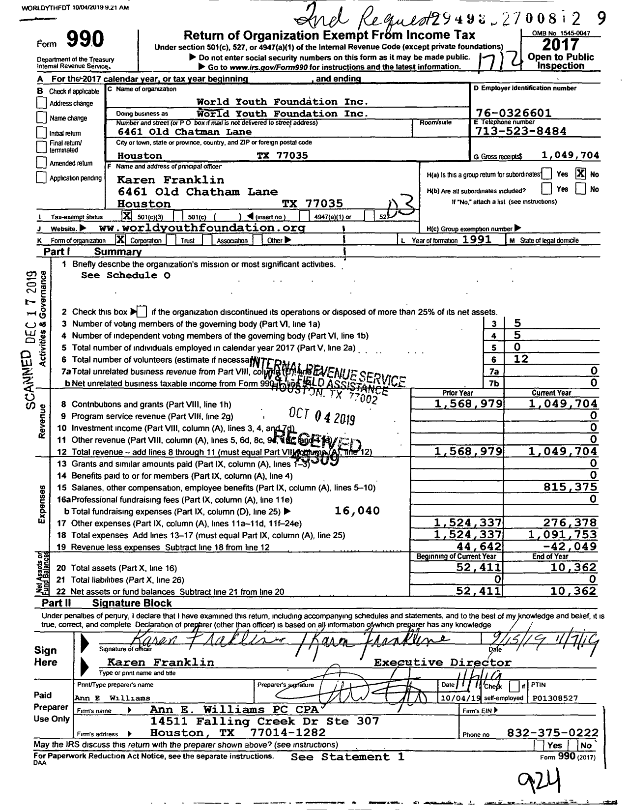 Image of first page of 2017 Form 990 for World Youth Foundation