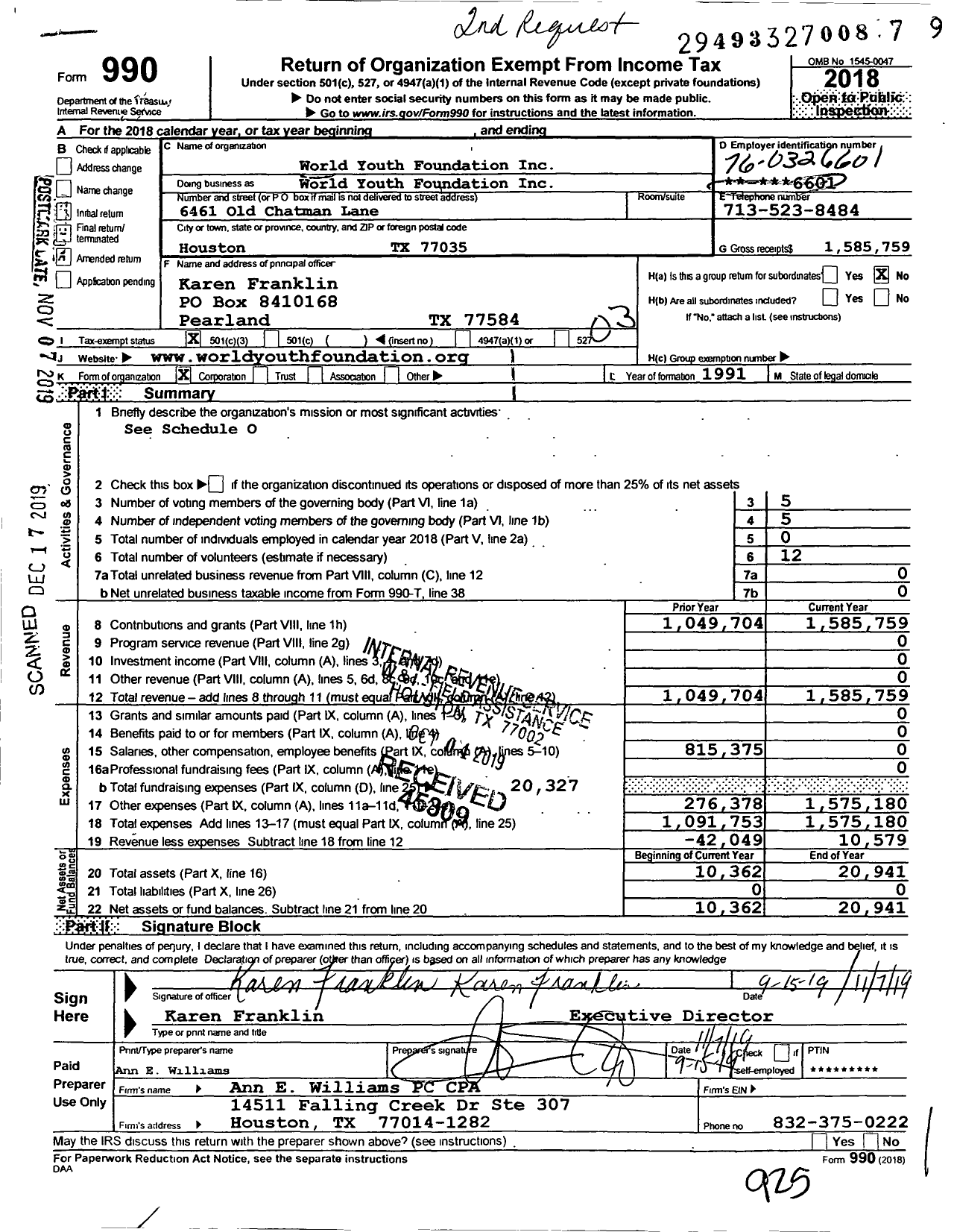 Image of first page of 2018 Form 990 for World Youth Foundation