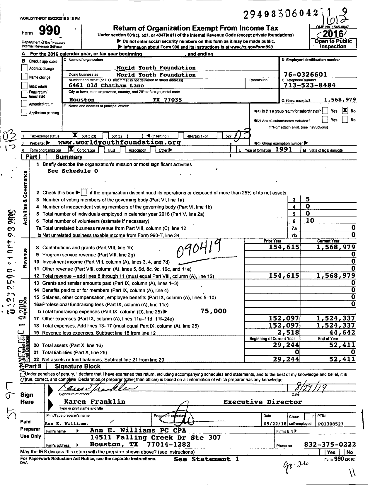 Image of first page of 2016 Form 990 for World Youth Foundation