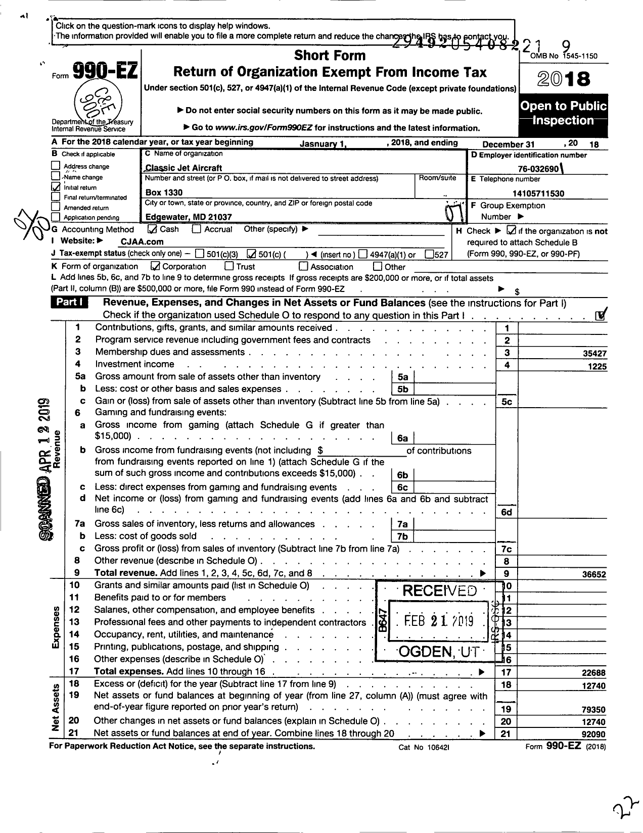 Image of first page of 2018 Form 990EO for Classic Jet Aircraft Association