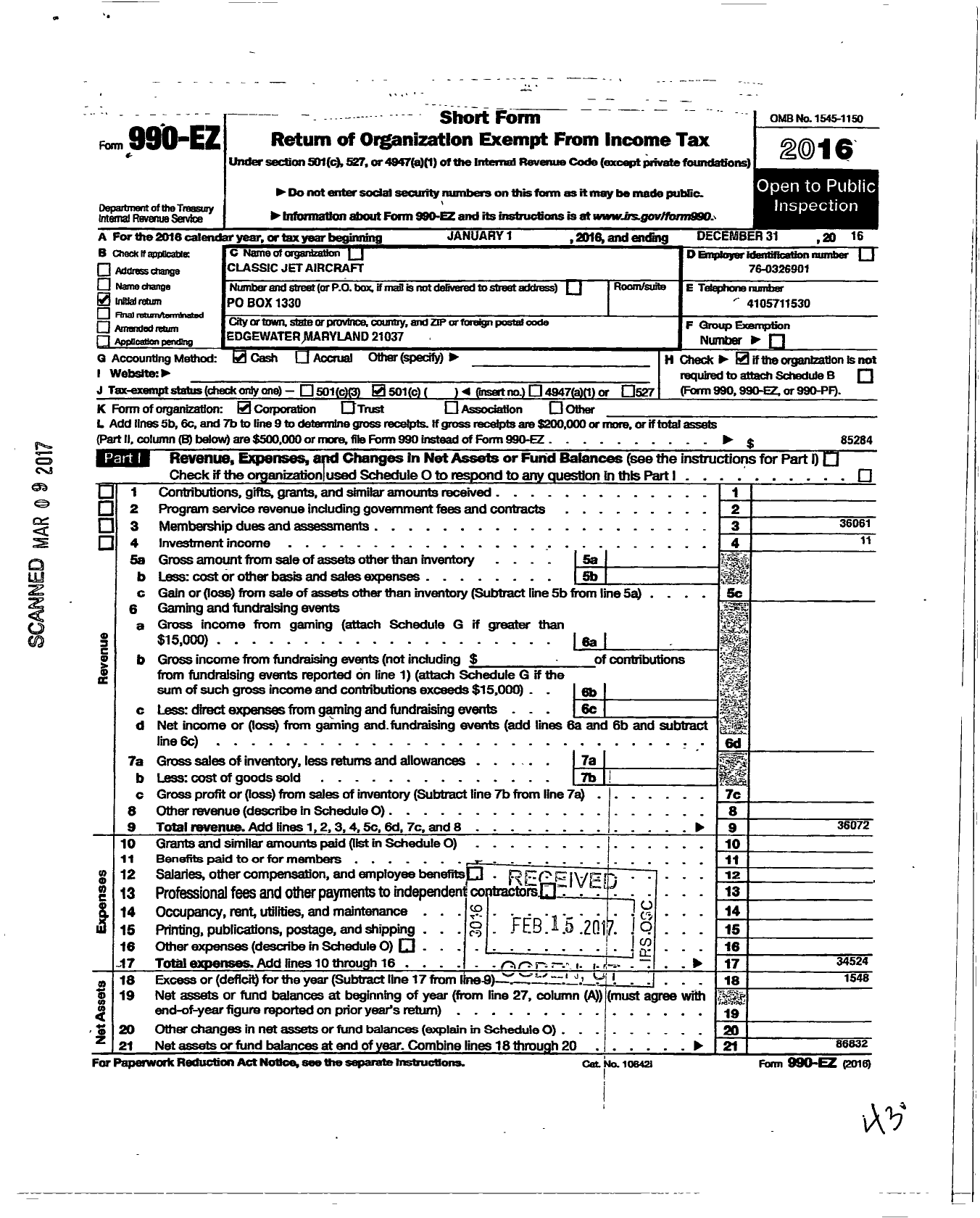 Image of first page of 2016 Form 990EO for Classic Jet Aircraft Association