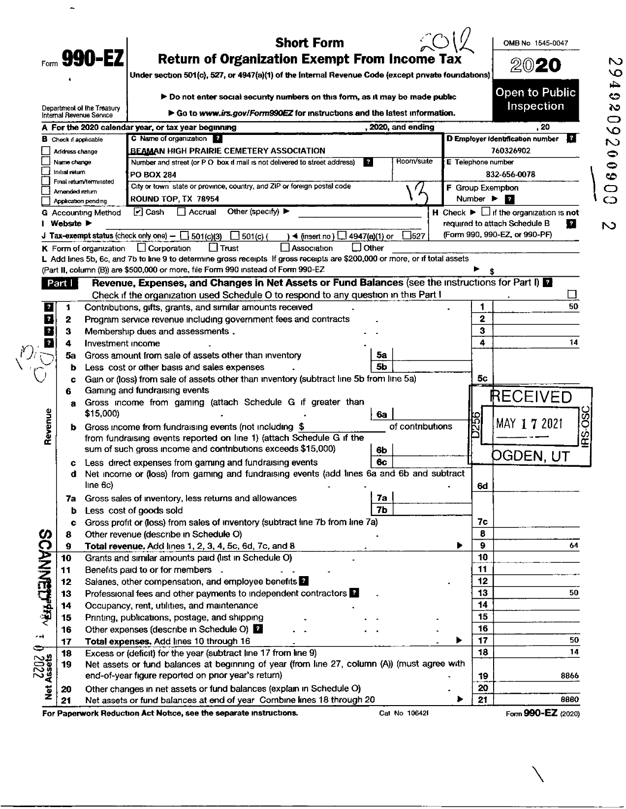 Image of first page of 2020 Form 990EO for Beaman High Prairie Cemetery Association