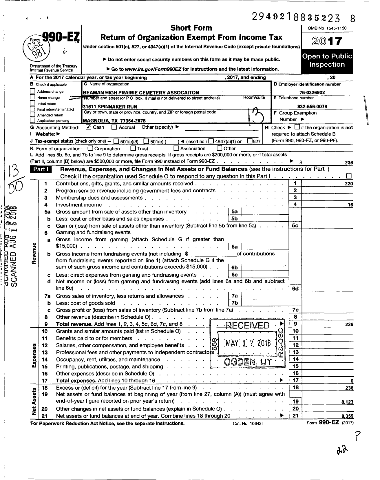 Image of first page of 2017 Form 990EO for Beaman High Prairie Cemetery Association