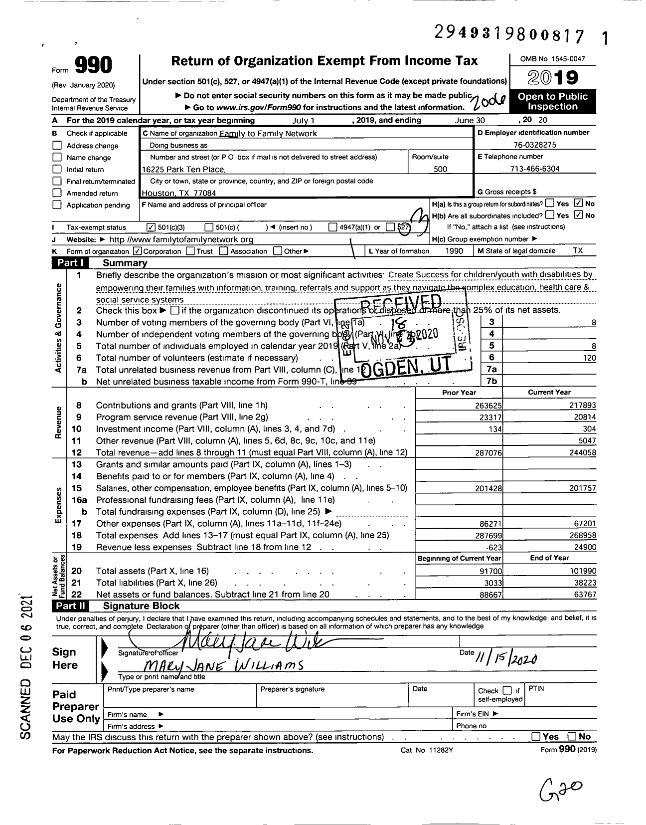 Image of first page of 2019 Form 990 for Family To Family Network (FTF)