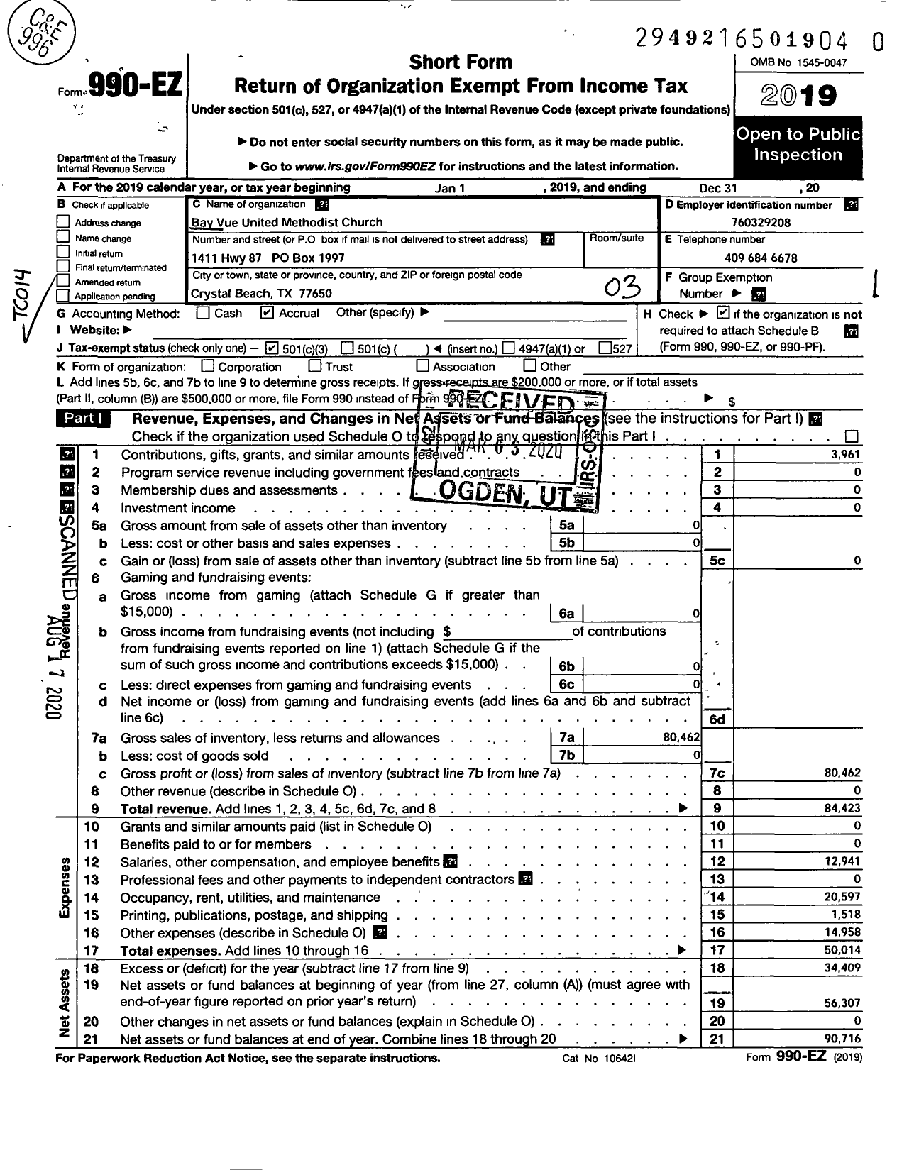 Image of first page of 2019 Form 990EZ for Bay Vue Methodist Church