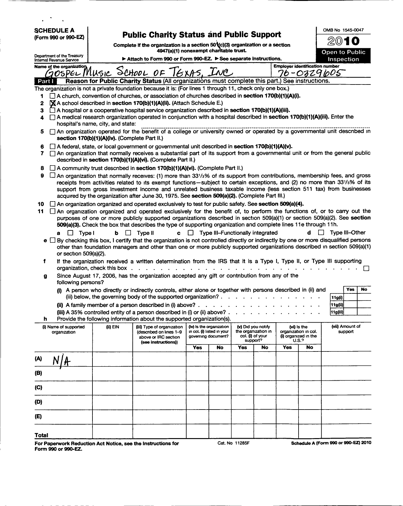 Image of first page of 2010 Form 990ER for Gospel Music School of Texas