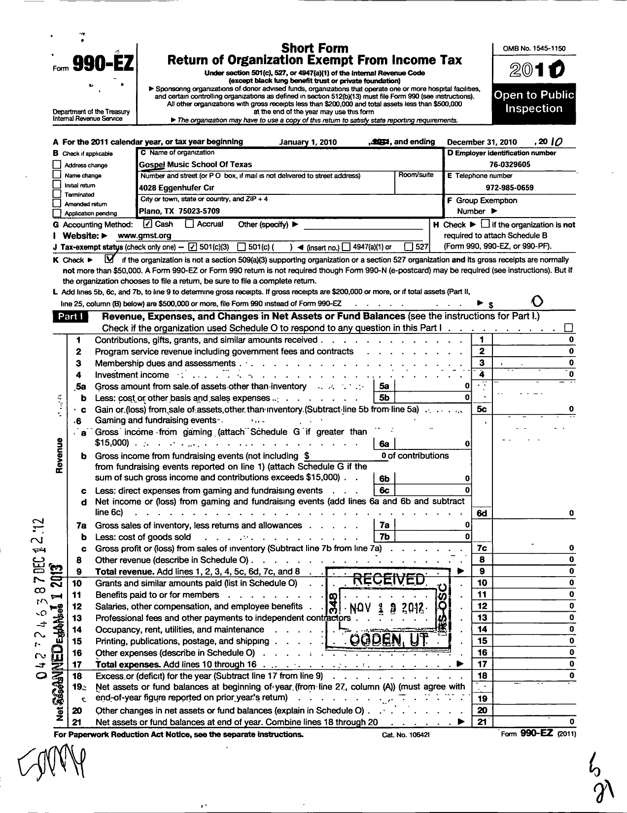 Image of first page of 2010 Form 990EZ for Gospel Music School of Texas