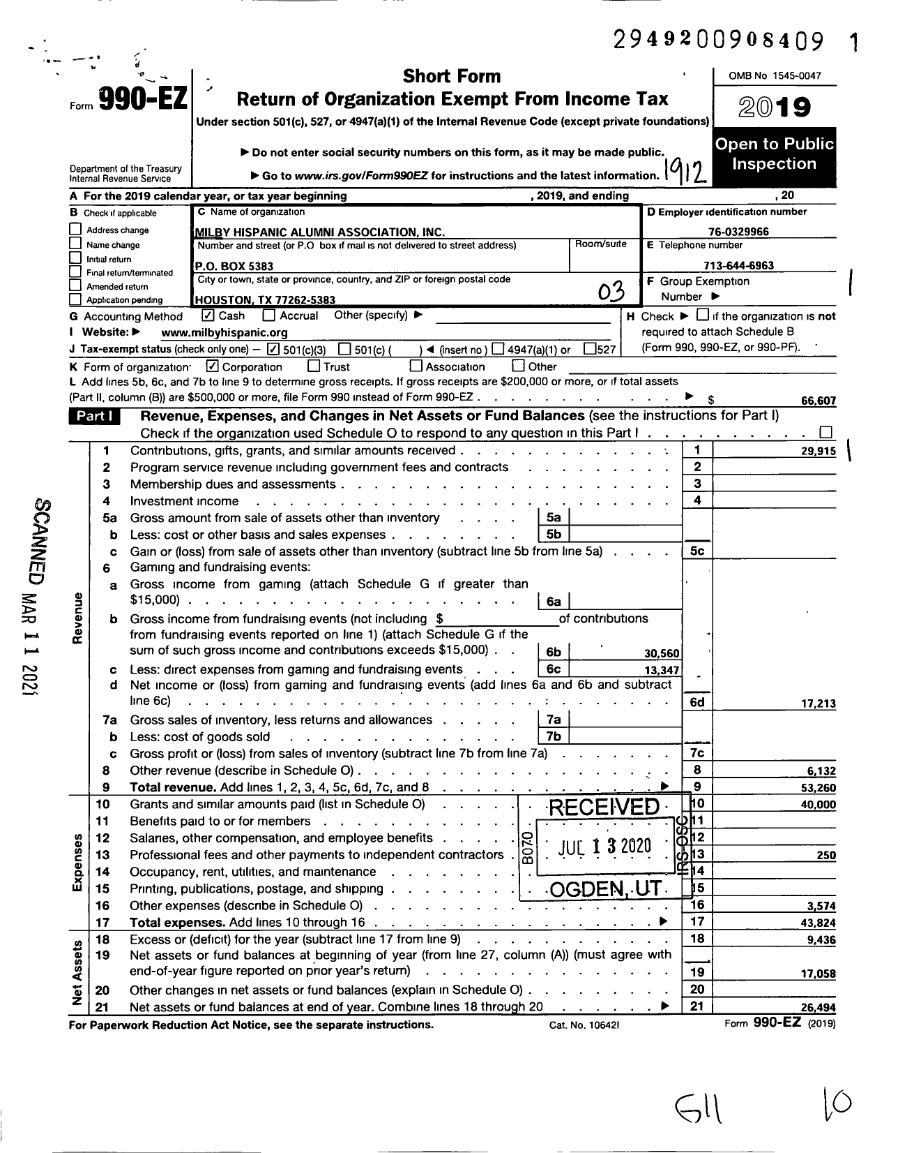 Image of first page of 2019 Form 990EZ for Milby Hispanic Alumni Association