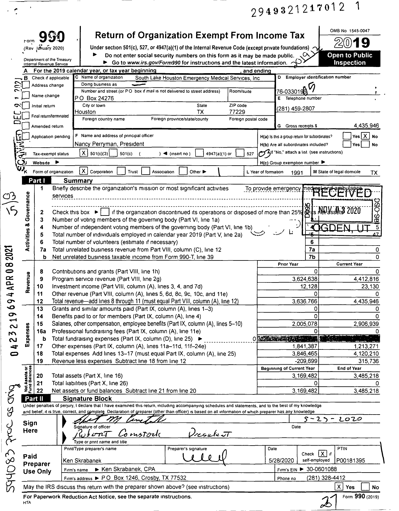 Image of first page of 2019 Form 990 for South Lake Houston Emergency Medical Services