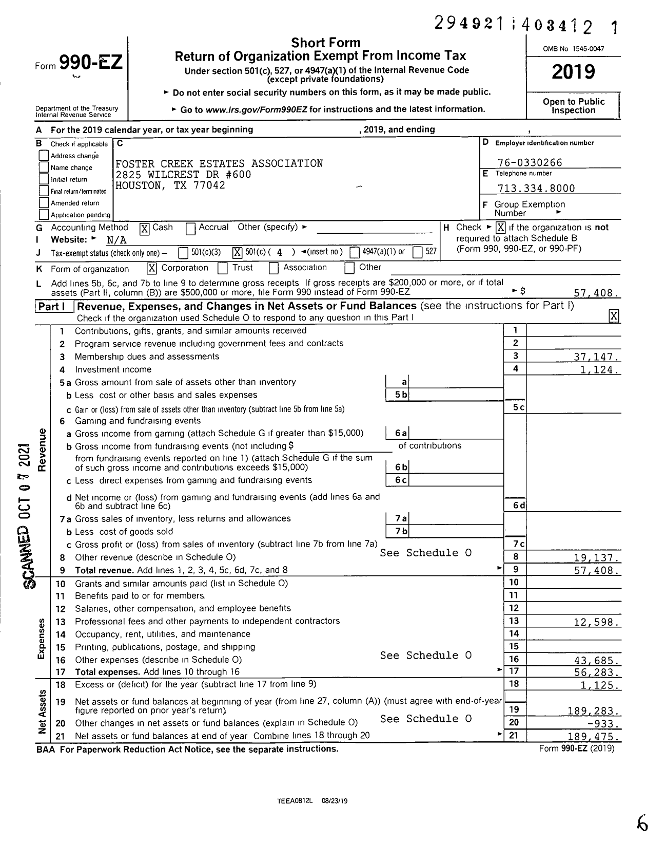 Image of first page of 2019 Form 990EO for Foster Creek Estates Association