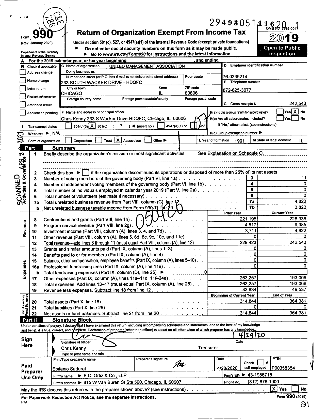 Image of first page of 2019 Form 990O for United Management Association (CMA)