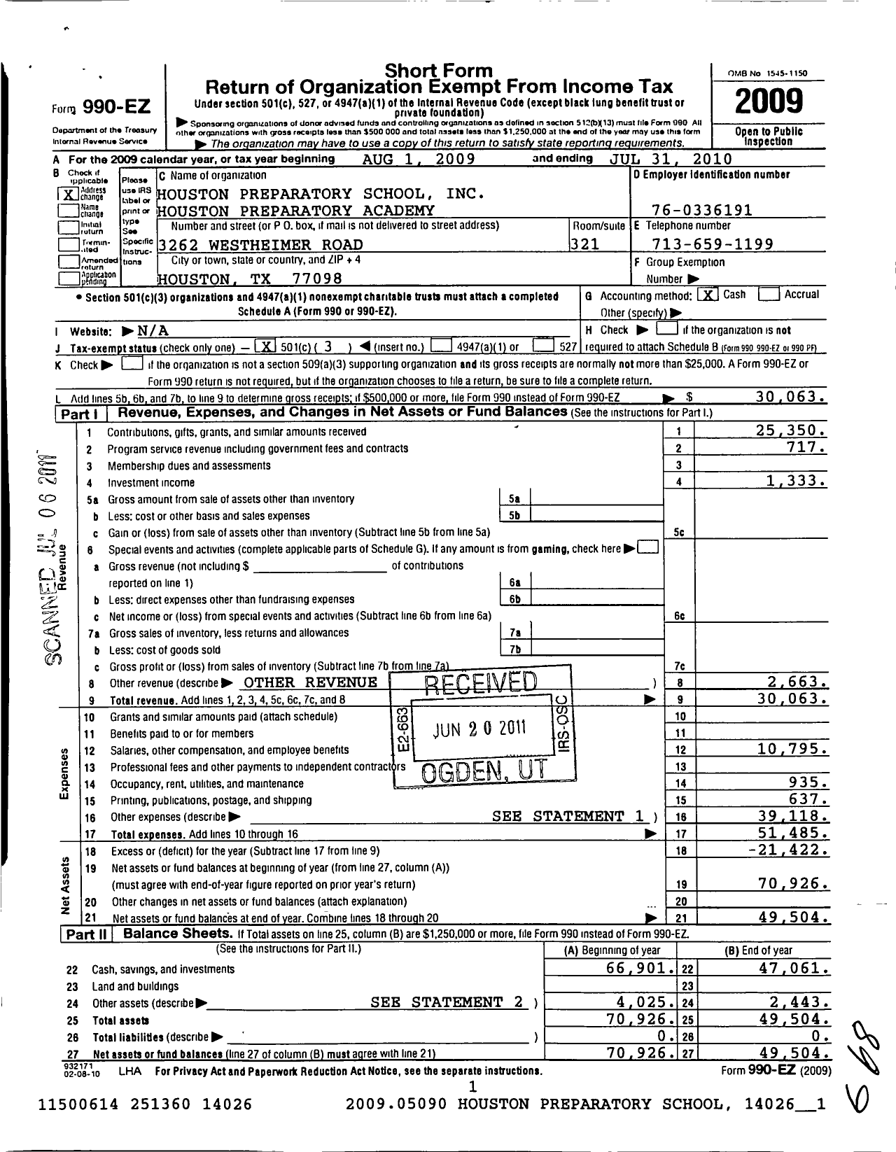 Image of first page of 2009 Form 990EZ for Houston Preparatory School