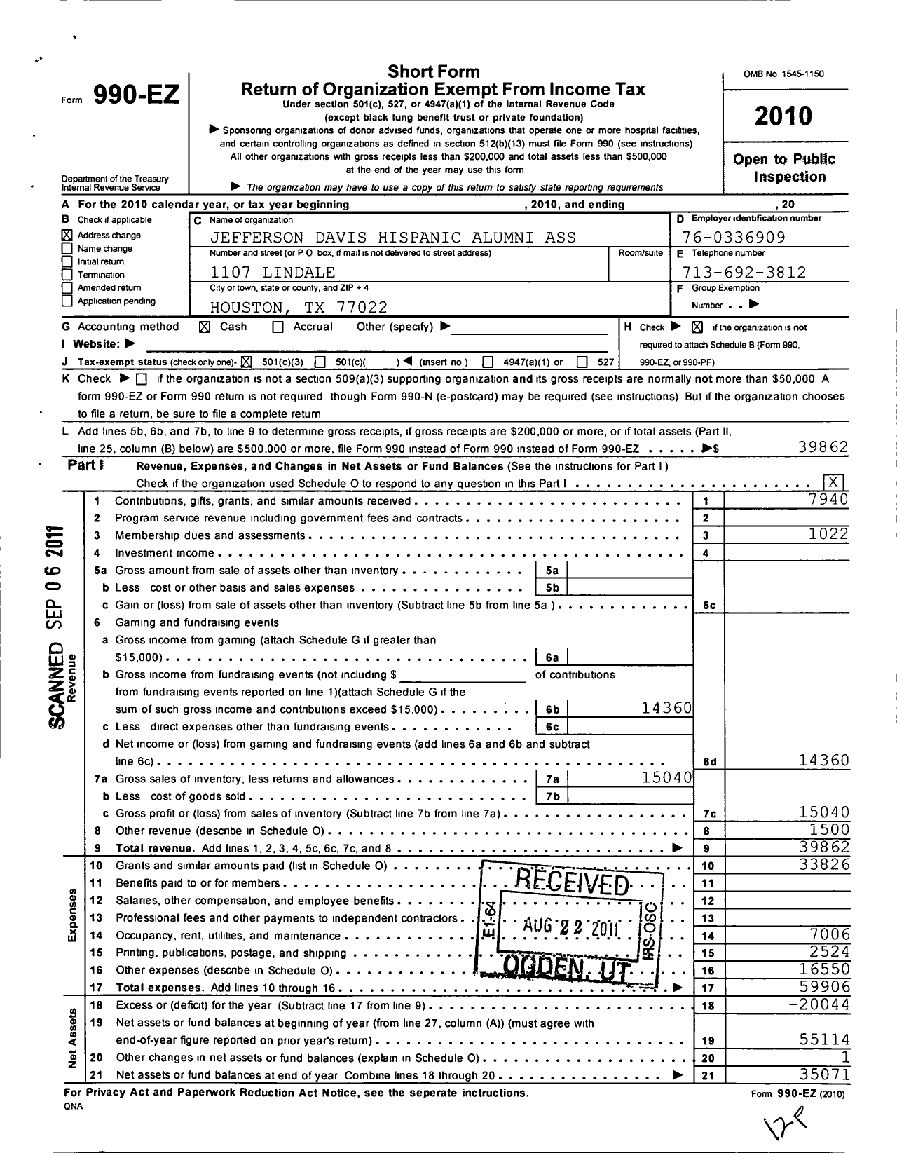 Image of first page of 2010 Form 990EZ for Jefferson Davis Hispanic Alumni Association