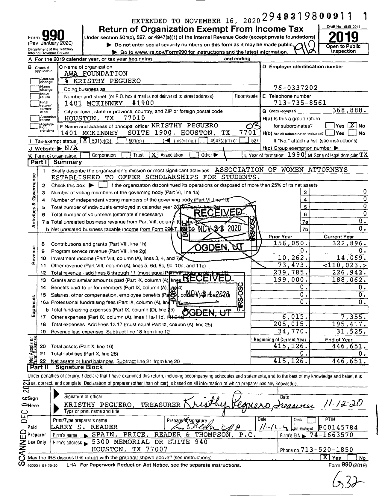 Image of first page of 2019 Form 990 for Awa Foundation