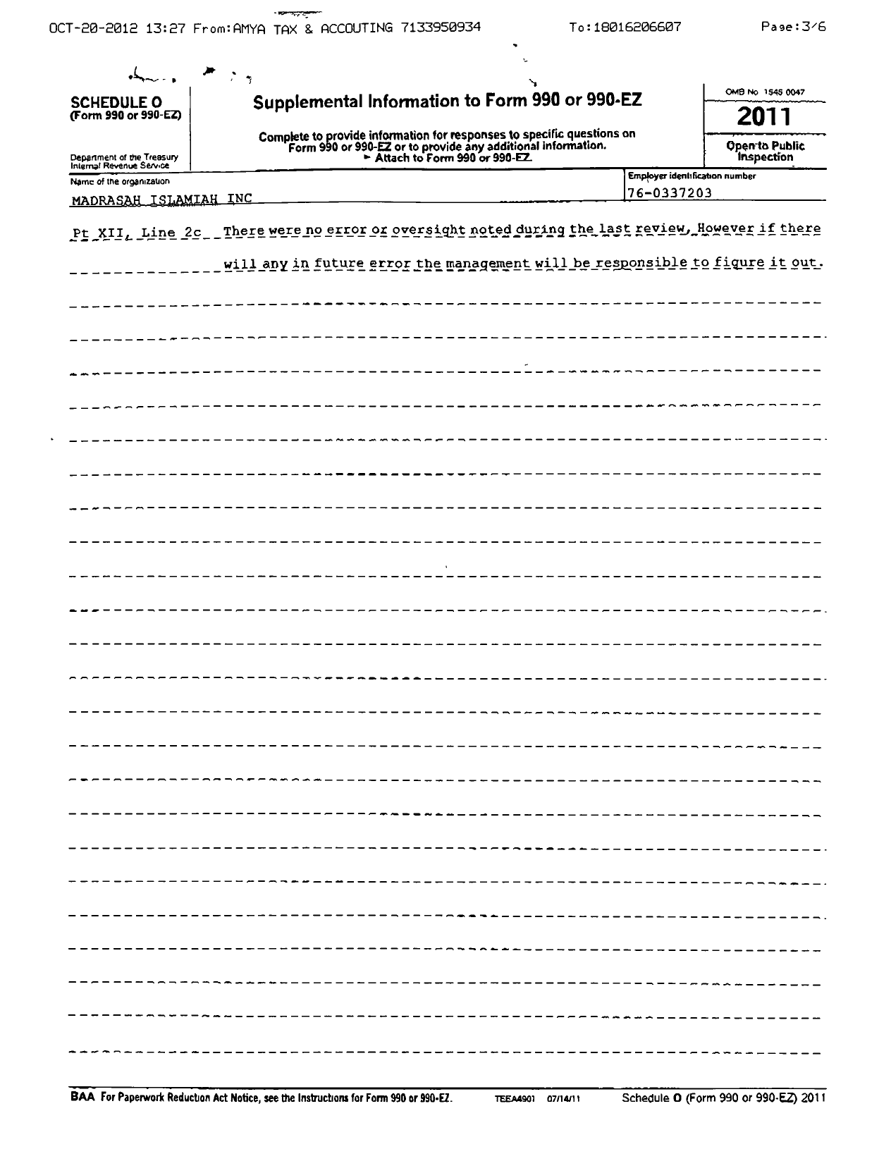 Image of first page of 2011 Form 990R for Madrasah Islamiah