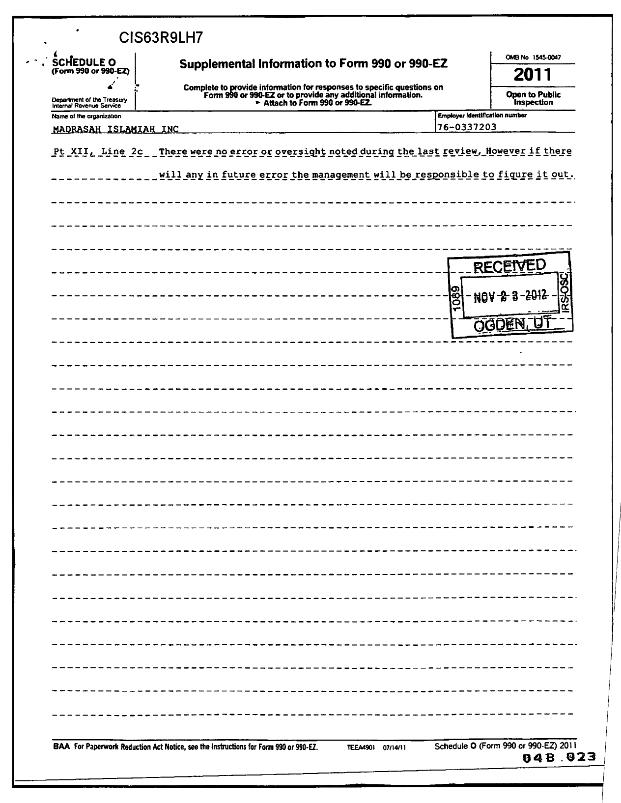 Image of first page of 2011 Form 990R for Madrasah Islamiah