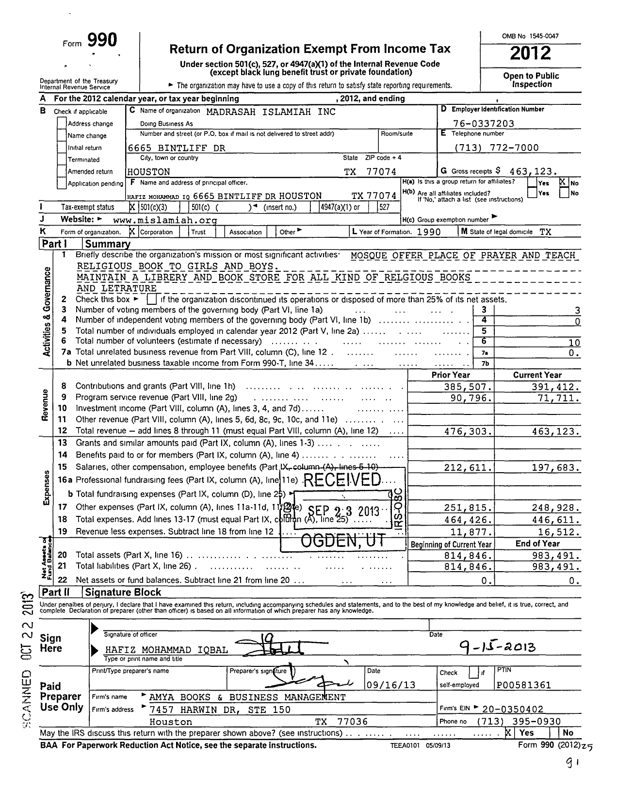 Image of first page of 2012 Form 990 for Madrasah Islamiah