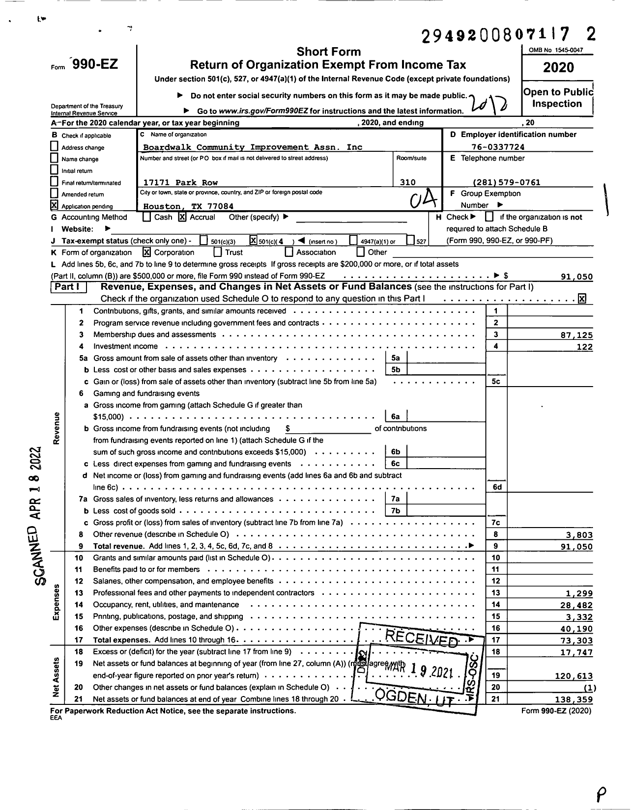 Image of first page of 2020 Form 990EO for Boardwalk Community Improvement Assn