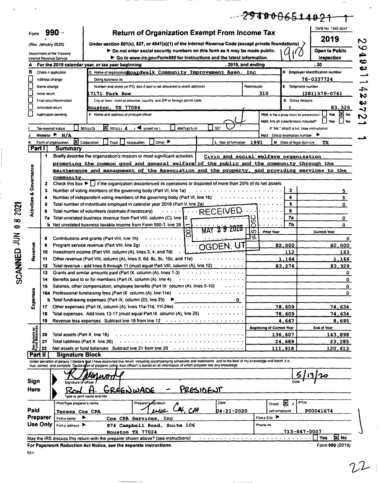 Image of first page of 2019 Form 990O for Boardwalk Community Improvement Assn