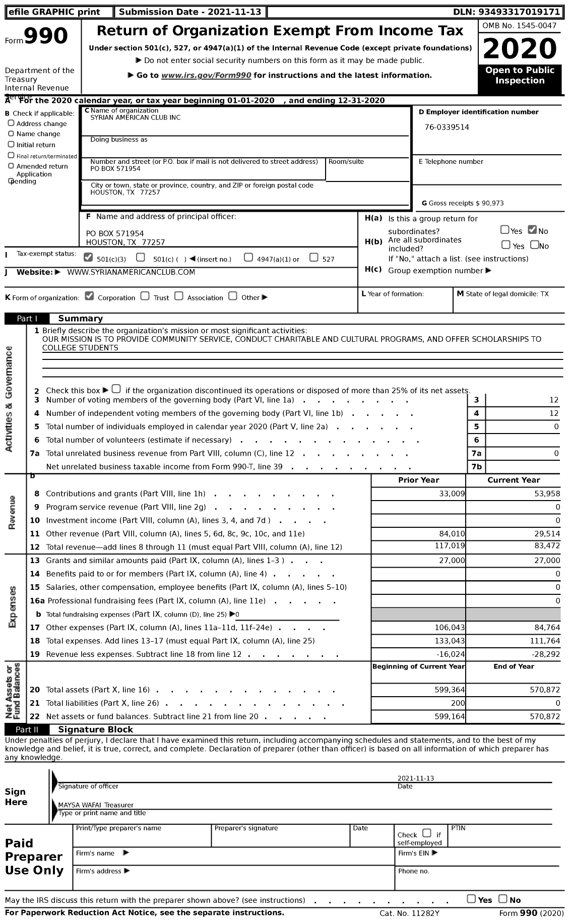 Image of first page of 2020 Form 990 for Syrian American Club