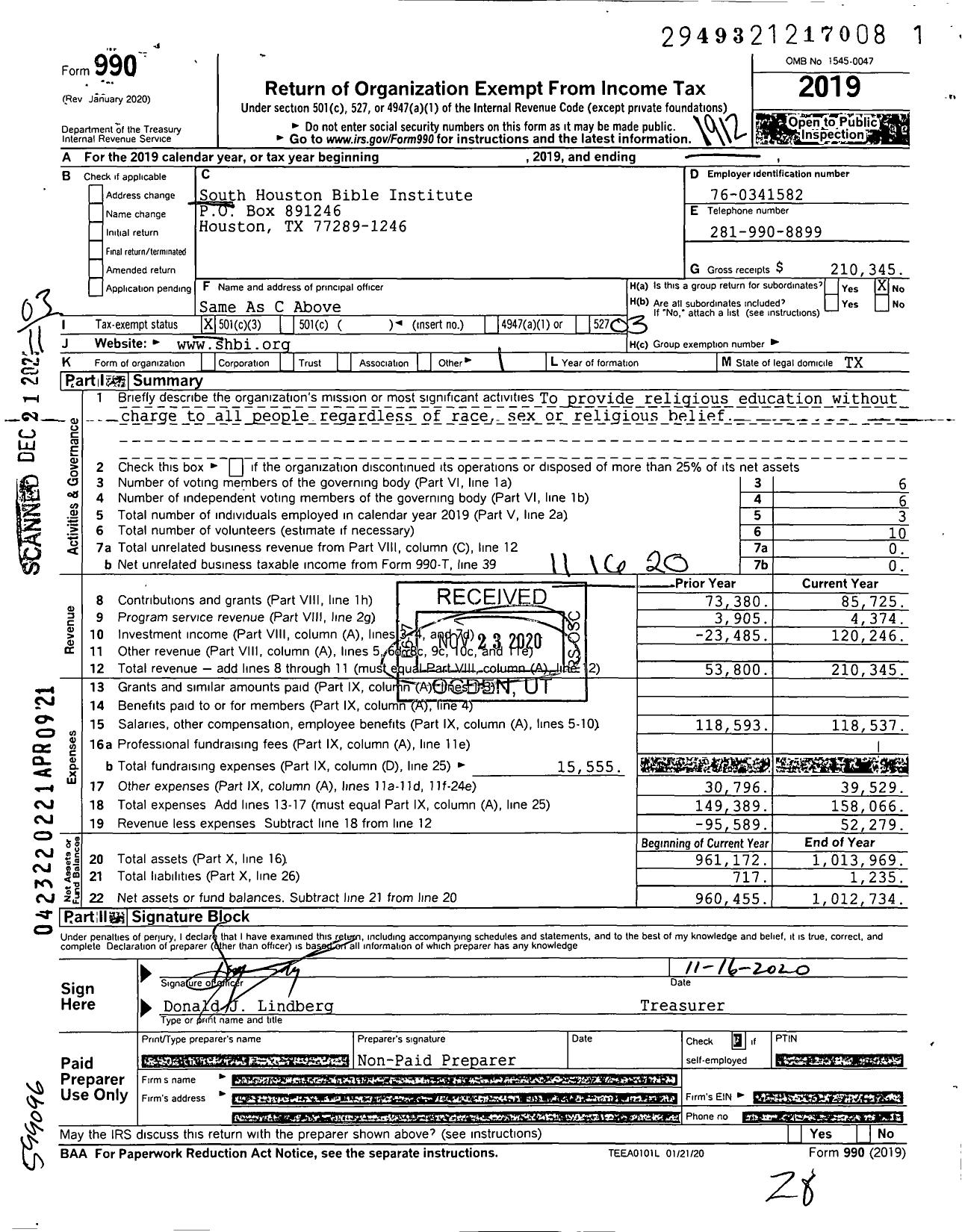 Image of first page of 2019 Form 990 for South Houston Bible Institute