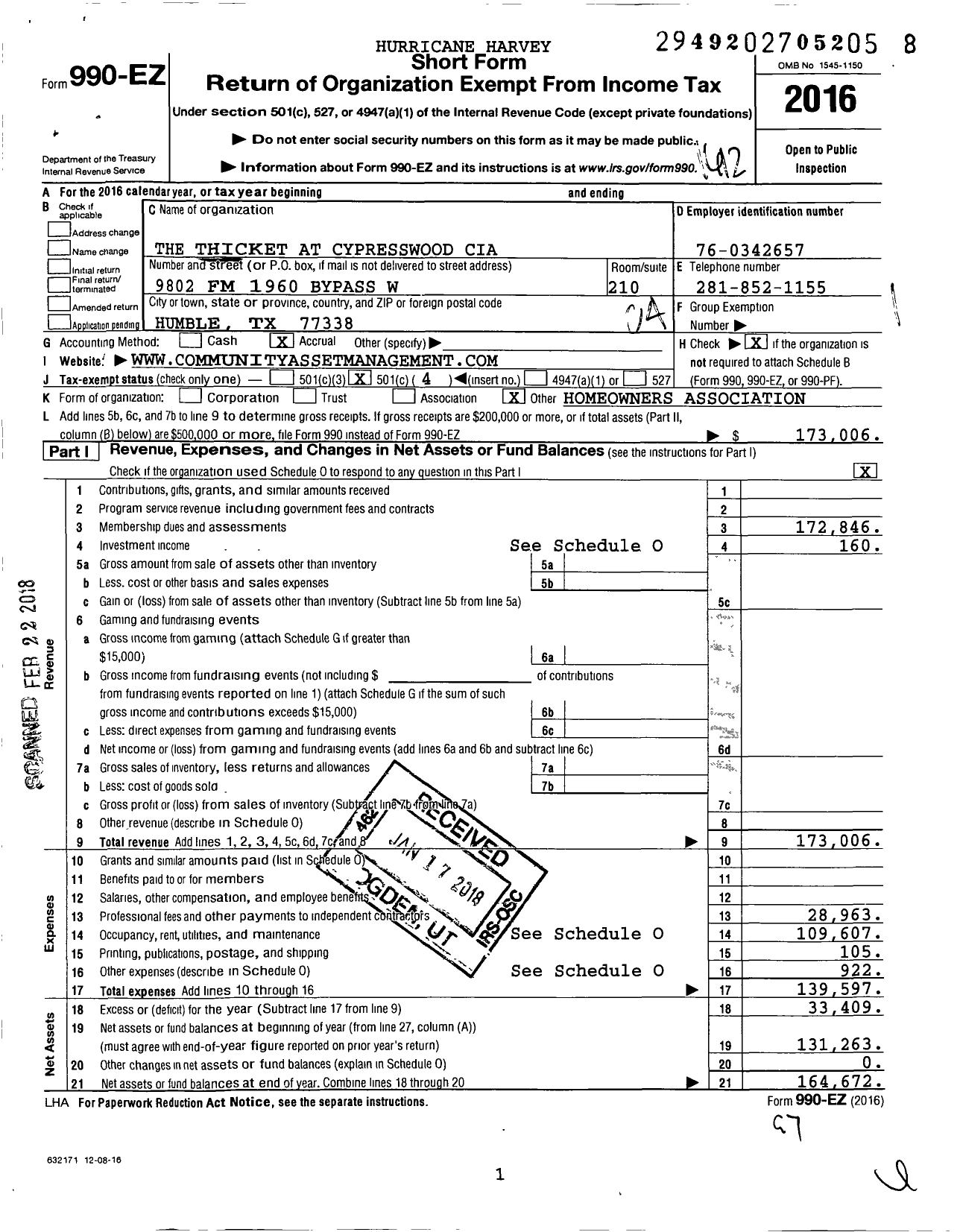 Image of first page of 2016 Form 990EO for The Thicket at Cypresswood Cia