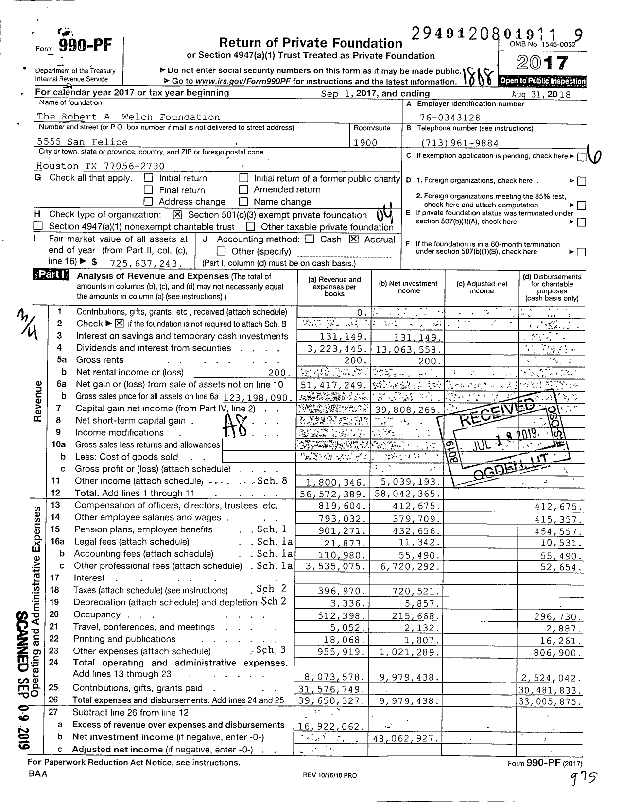 Image of first page of 2017 Form 990PF for Robert A Welch Foundation