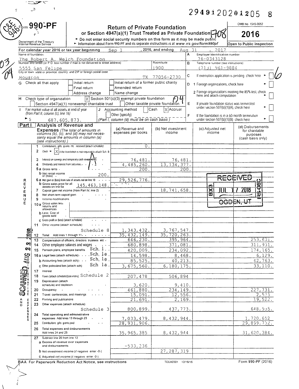 Image of first page of 2016 Form 990PF for Robert A Welch Foundation